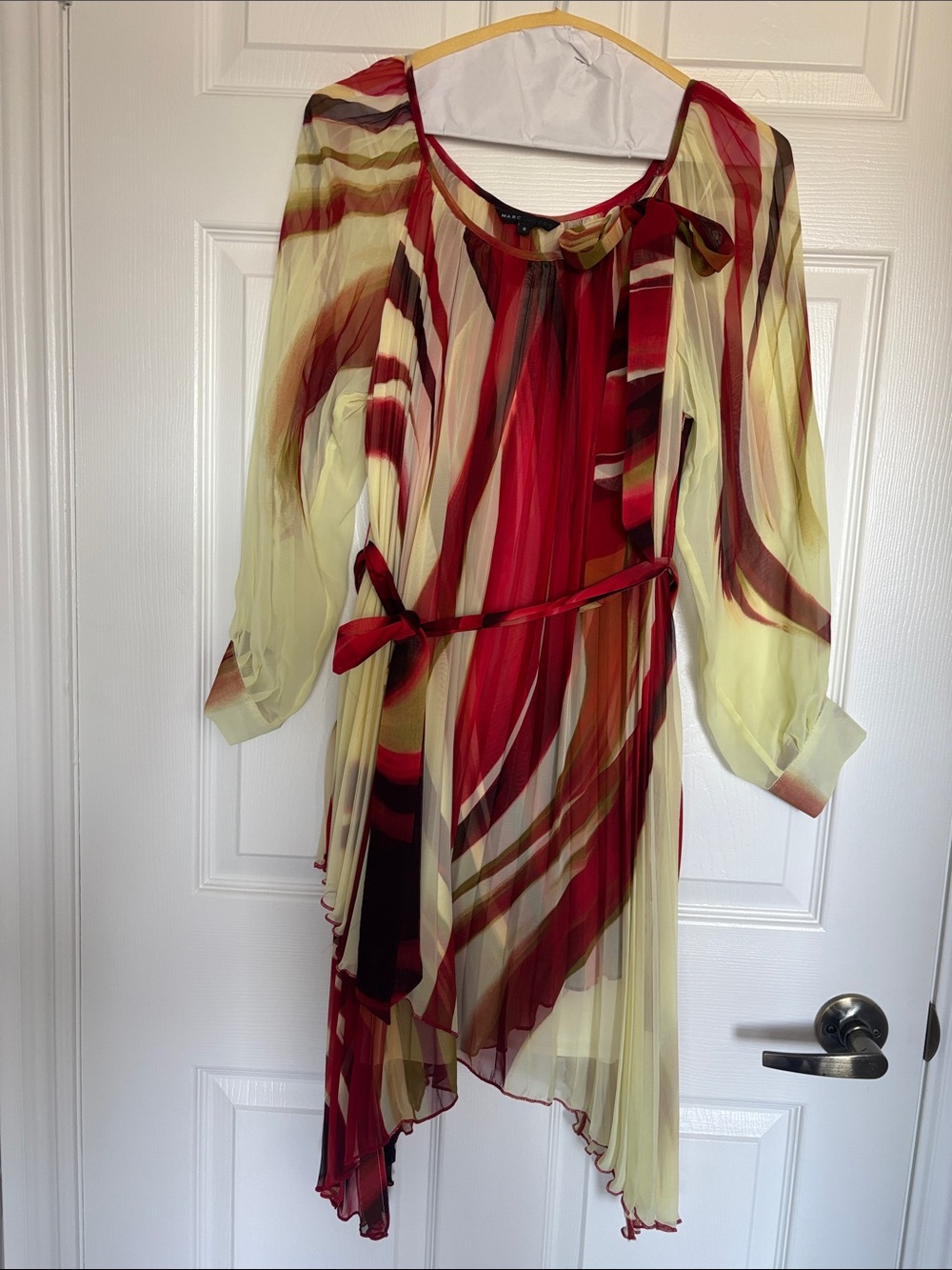 Marc Jacobs Red, Cream and Brown Asymmetrical Pleated Tie-Waist Dress